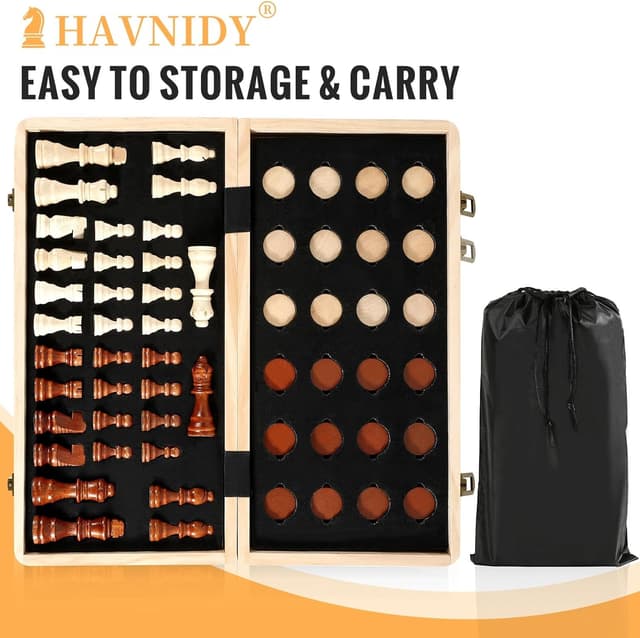 Detalle 2 de Havnidy Jeu d’échecs et dames 2 en 1 : échiquier en bois magnétique pliable (38 cm)