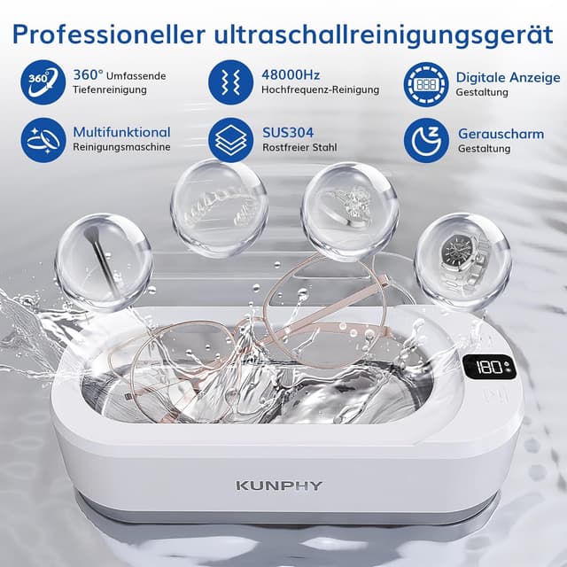 Detalle de kunphy Ultraschallreinigungsgerät 48.000 Hz – 350 ml mit digitalem Timer für Brillen, Schmuck & mehr