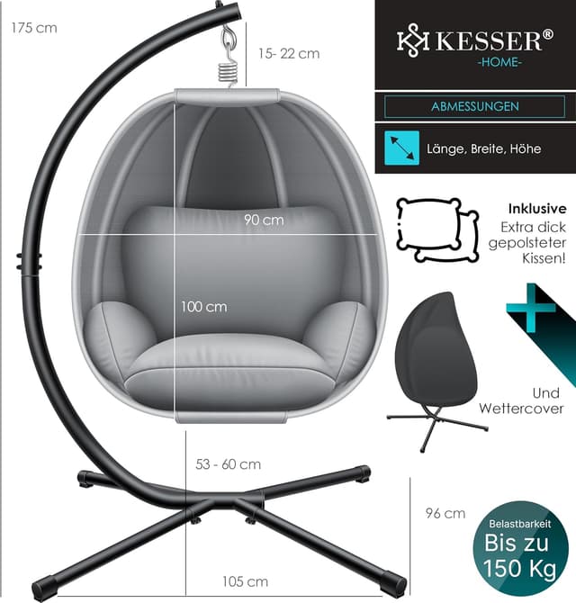 Detalle de KESSER® Luxe Hängesessel mit Gestell, Sitz- & Rückenkissen sowie Abdeckung – Indoor & Outdoor, bis 150 kg, grau