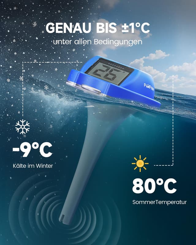 Detalle de PoolPrime Poolthermometer mit Doppelbildschirm – schwimmend, digital, IPX7 (Darkblue)