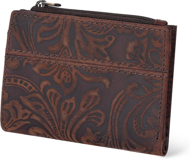 Detalle de Oak Leathers RFID Wallet for Women in Full Grain Leather (Crazy Horse Brown Flower) – Small Bifold Coin Purse