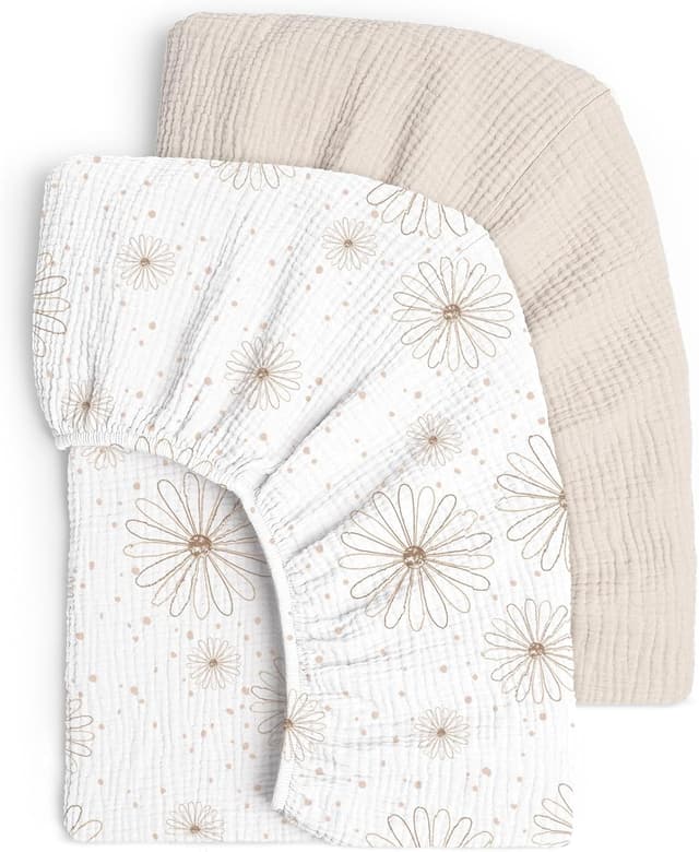 Detalle de lulumoon 2er Pack Musselin-Spannbettlaken für Babybett & Reisebett (60x120/70x140 cm) – Gänseblümchen Weiß