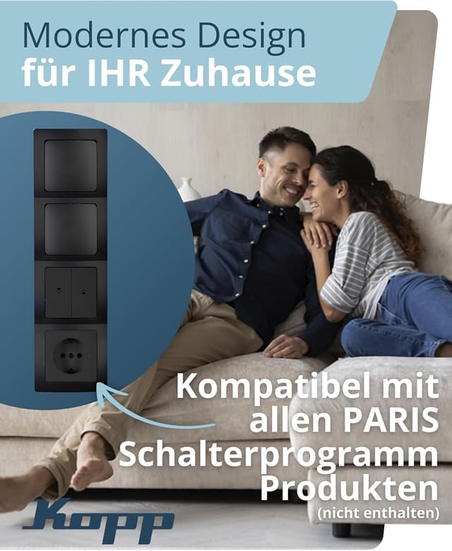 Detalle de Kopp PARIS 4-fach Abdeckrahmen in Matt-Schwarz (8,3 x 29,6 cm) für Steckdosen & Schalter