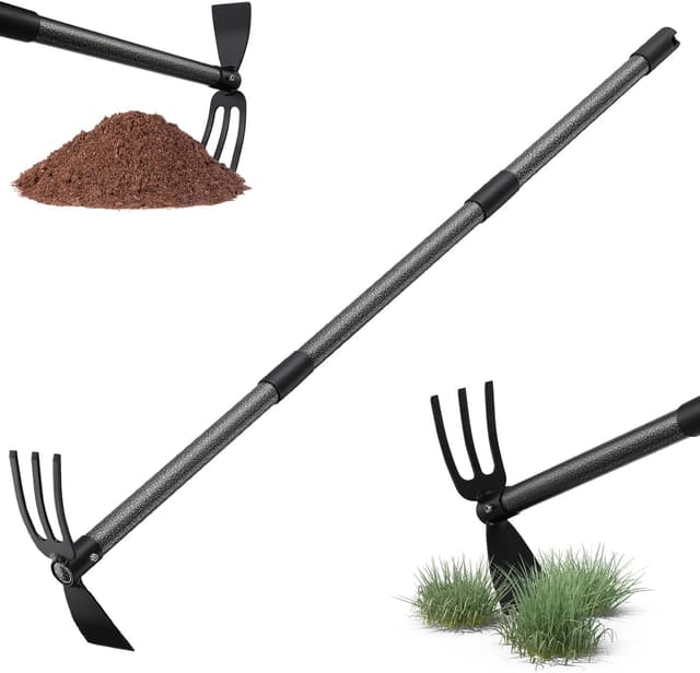 Detalle de Harrms Gartenhacke mit Stiel (116 cm) – Multifunktionale Doppelhacke mit 3 Zinken aus Metall