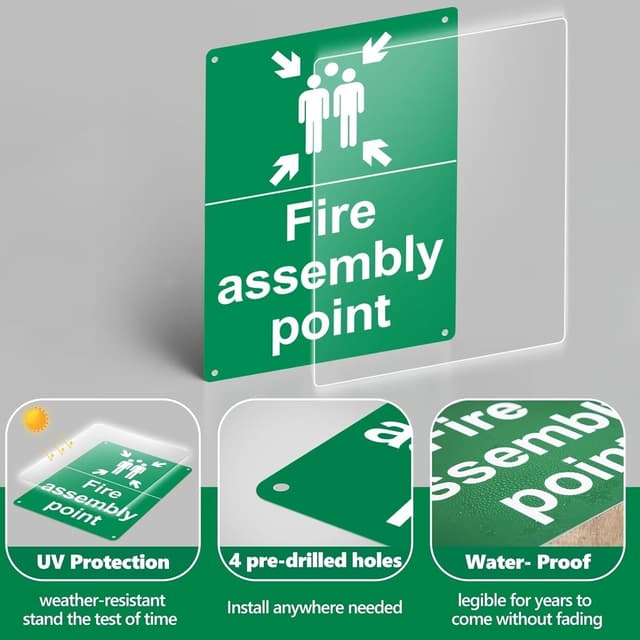 Detalle de Detailing Garage Fire Assembly Point Sign (400 x 300 x 1mm) – Matte Rigid Plastic Outdoor Safety Sign with 4 Pre-Drilled Holes