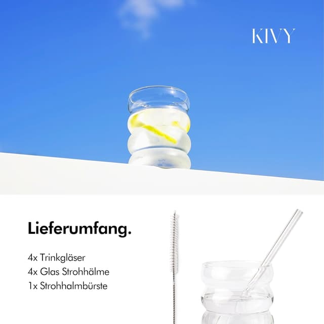 Detalle de KIVY Bubble Trinkgläser-Set (350 ml) mit Glas-Strohhalmen – Longdrinkgläser für Eiskaffee, Wasser & Cocktails