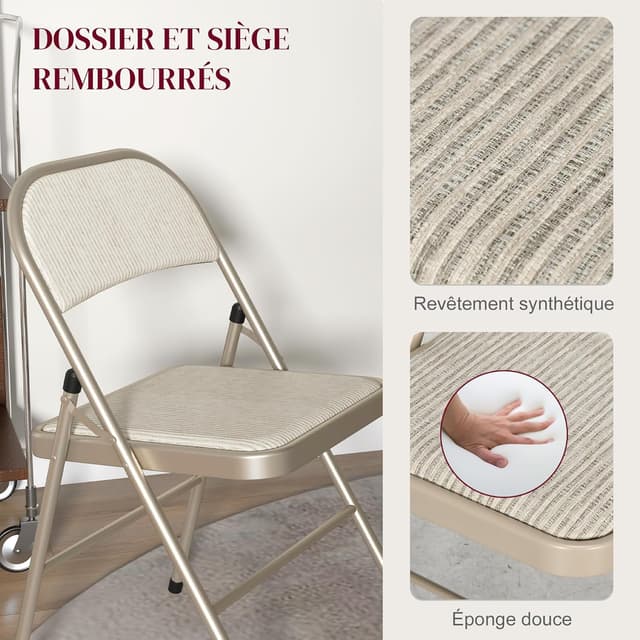 Detalle 2 de HOMCOM Lot de 6 chaises pliantes de salle à manger, tissu lin et structure acier, 45 x 46 x 78 cm (beige)