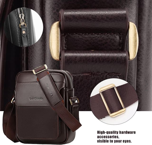 Detalle de Leathario men’s vegan leather shoulder bag (small messenger, cross body) for work, travel and daily use