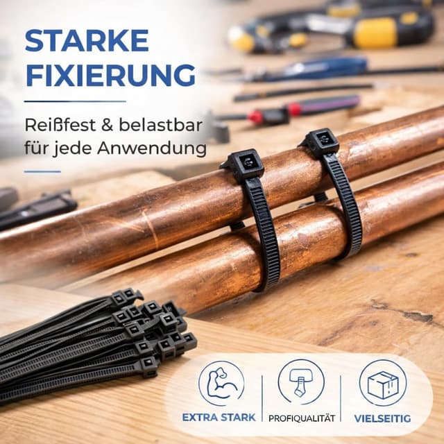 Detalle de 100x Kabelbinder schwarz Set (kurz & lang) – reißfest, UV-beständig, diverse Längen 120 mm x 2,5 mm