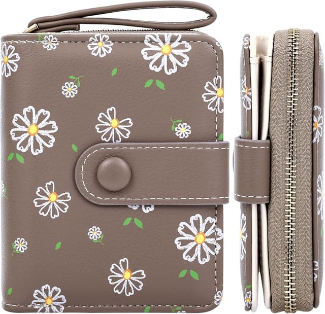 Detalle de Farcauo portefeuille en cuir imprimé Daisy marron – mini format avec porte-monnaie et porte-cartes