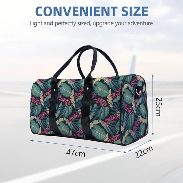 Detalle de Travel Duffle Bag – Waterproof Foldable Gym/Overnight Carry-on (47x22x25cm) for 15-Inch Laptop, Leafs Pattern