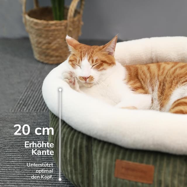 Detalle de FUKUMARU Katzenbett waschbar 48 x 48 x 20 cm – Plüsch-Katzenkorb mit erhöhtem Rand, grün