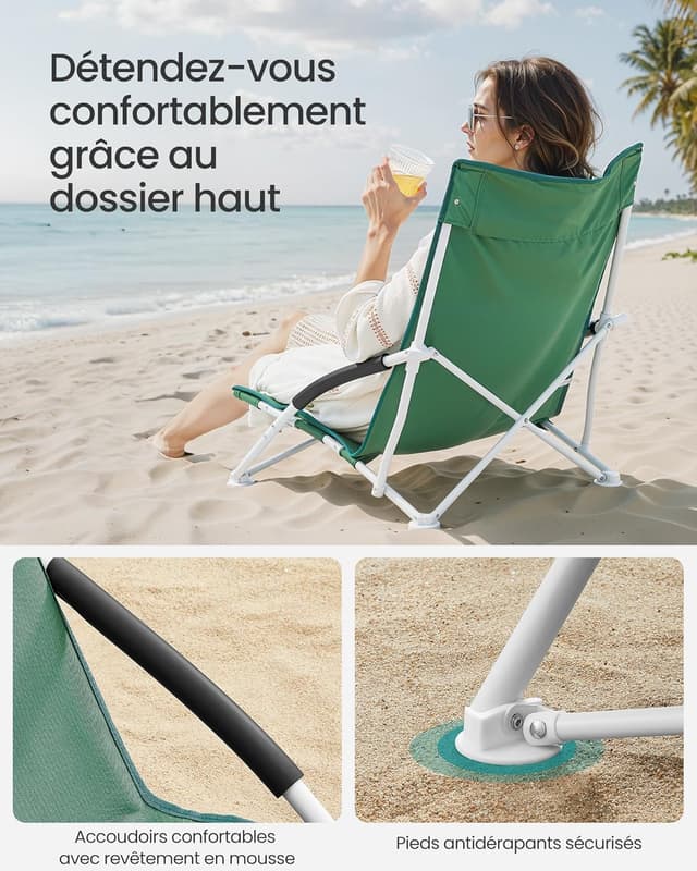 Detalle 2 de SONGMICS Chaise de plage pliante portable à dossier haut GCB61GV1 (avec sac de transport)