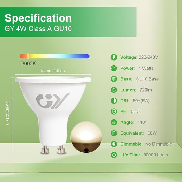Detalle de GY GU10 4W 3000K LED Bulb (Class A, 720lm) – Non-dimmable, 12-pack