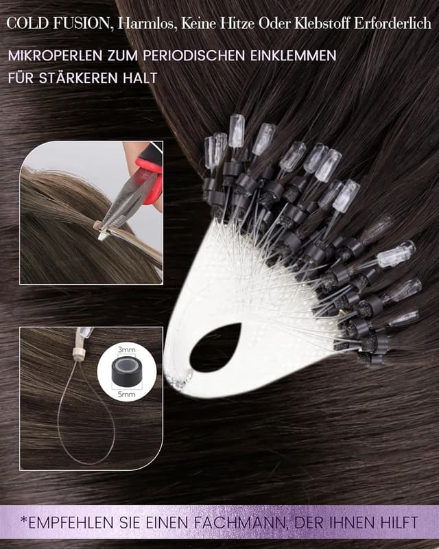 Detalle de LaaVoo Microring Extensions Echthaar, dunkelstes Braun #2, 40 cm (Micro Loop, Remy, 50 g)
