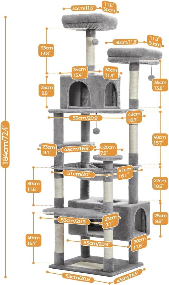 Detalle de PAWZ Road Kratzbaum für große Katzen (184 cm) mit Hängematte und Sisal – stabiler Katzenturm in Grau