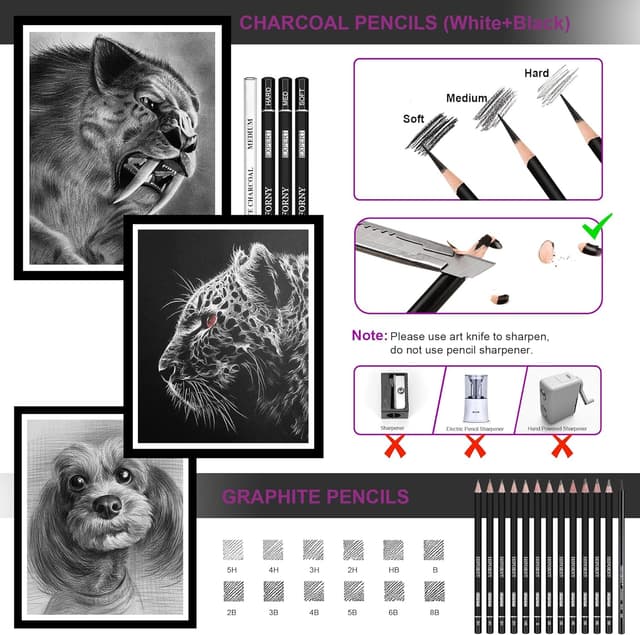 Detalle 2 de HIFORNY 42-piece Drawing Set with graphite & charcoal pencils, blending tools and travel case