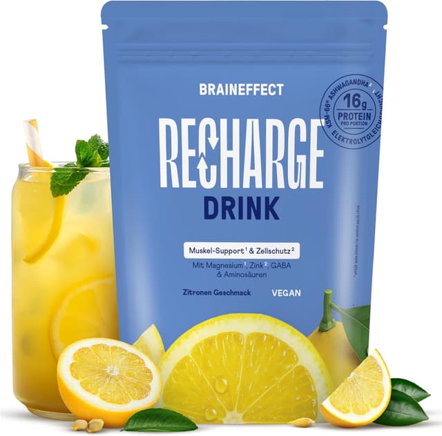 Detalle de Braineffect Recharge Premium Hydratationsmischung (360 g) – Elektrolyte ohne Zucker mit Stevia, EAA & BCAA, Zitronengeschmack