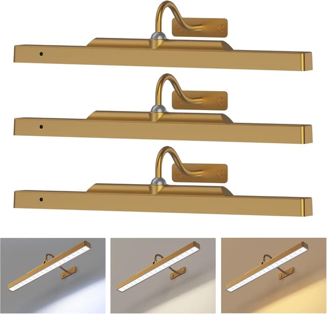 Detalle de Craftersmark Picture Light Battery Rechargeable (3-Pack) with Remote, 3 Color Modes, Dimmable, Timer — Antique Gold