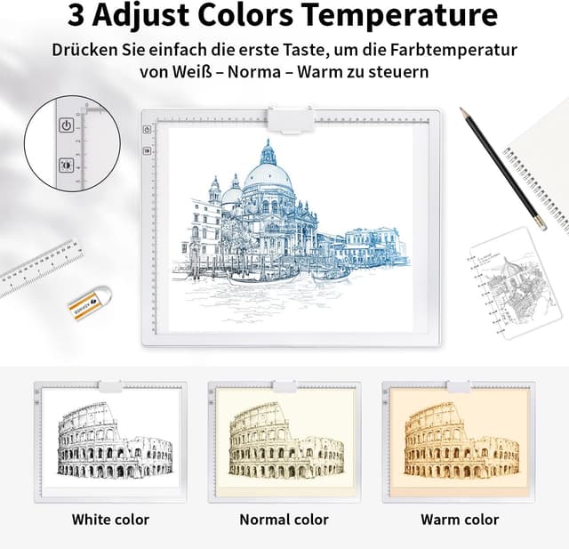 Detalle de elice A3 Leuchttisch mit Tasche – kabelloses LED-Lichtpad für Nachzeichnen, Skizzen & Diamantmalerei (3 Farben, dimmbar)