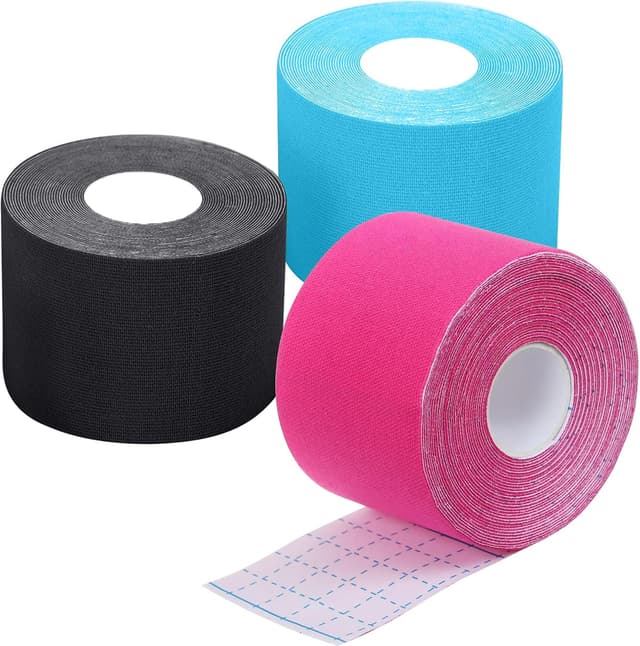 Detalle de EOPUOZS Kinesiologie Tape Sport (3 Rollen à 5 m) – elastisches Baumwoll-Sporttape, 5 cm breit in Blau/Schwarz/Rosa