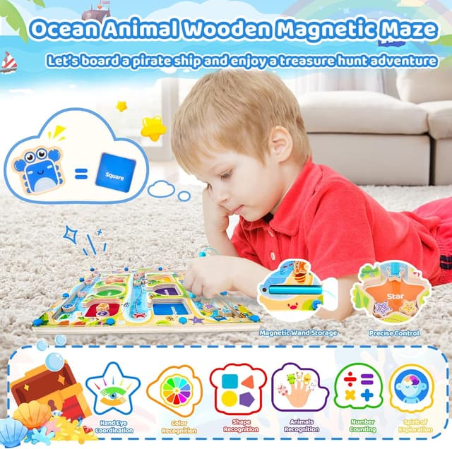 Detalle 2 de Jouet magnétique Montessori FCSONU – labyrinthe océan en bois avec stylo magnétique et 36 pièces (à partir de 3 ans)