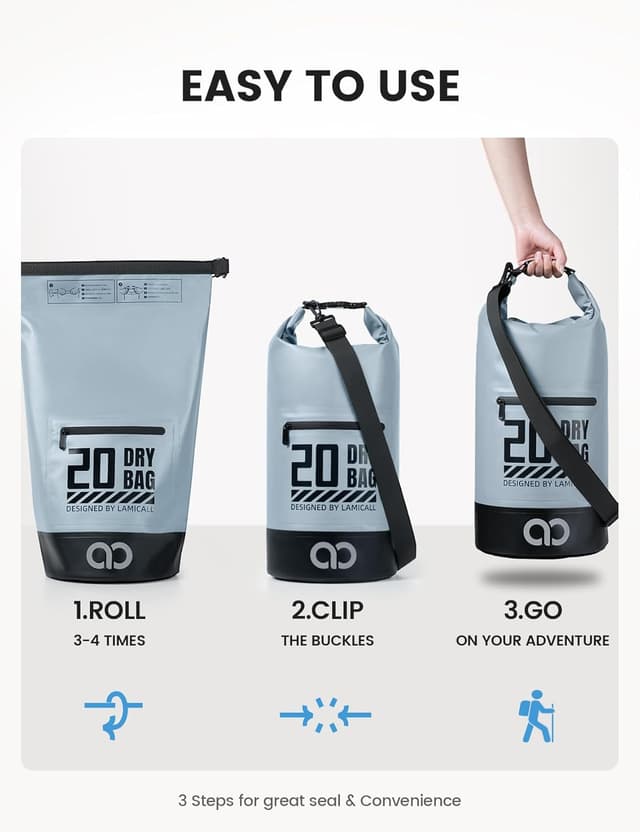 Detalle 2 de Lamicall Dry Bag Waterproof Bag with IPX8 phone pouch (20L, Grey) – PVC 500D drybag for kayaking, camping & boating
