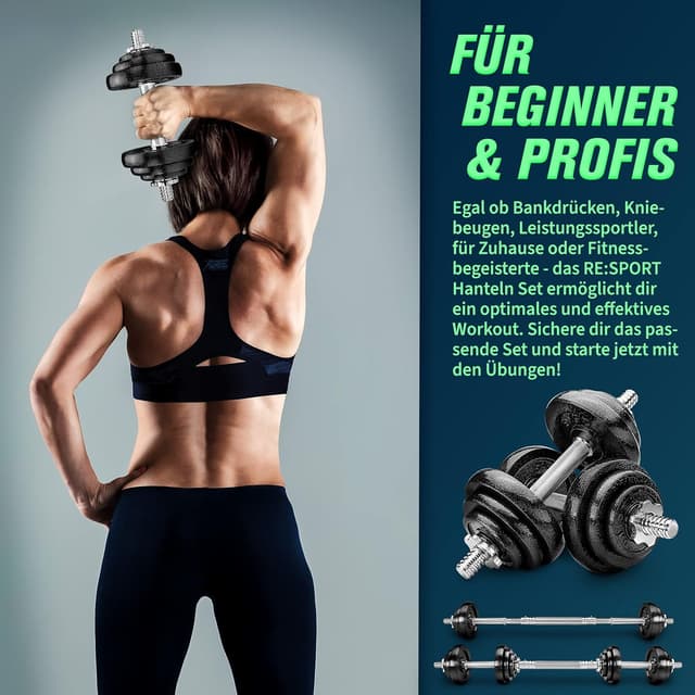 Thumbnail 6 de RE:SPORT 2-in-1 Hantelset 15–60 kg (Gusseisen) – Kurzhantel & Langhantel mit Verbindungsrohr
