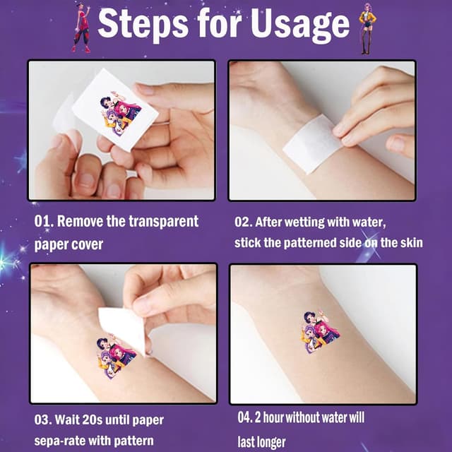 Detalle 2 de ROMANVIC Demon Hunter K-Pop Tattoo Kinder – 8 Blatt temporäre Klebetattoos (180+ Motive) für Geburtstag & Party