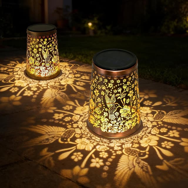 Detalle de Solar Lanterns for Outside – Vintage Hummingbird 2 Pack (IP65, warm shadows) for patio and garden décor