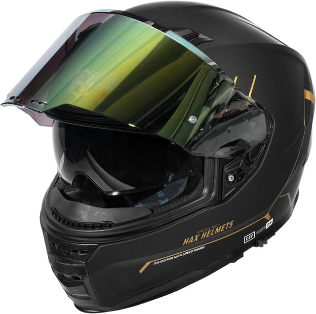 Detalle de HAX Force Aerodynamic Full Face Helmet (DOT & ECE 22.06) with Enhanced Dual Visor — Matte Black Gold — Adult Size M