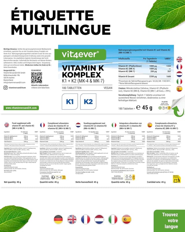 Detalle 2 de Complexe Vitamine K vit4ever – 180 comprimés vegan (K1, MK4 & MK7) très dosé