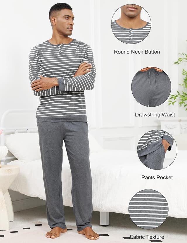 Detalle de TeJoyce men’s 100% cotton long-sleeve striped pyjamas set with pockets (2-piece)