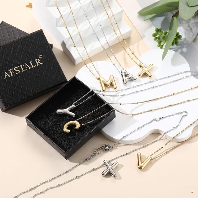 Detalle de AFSTALR Bubble Buchstaben Kette mit Initial-Anhänger (Gold/Silber, 45+5 cm)