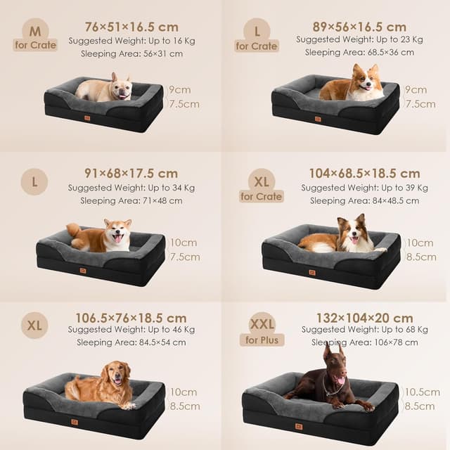 Detalle 1 de EHEYCIGA Memory Foam Orthopedic Dog Bed Large (91x68x17cm) with Bolsters, Waterproof Liner & Removable Cover