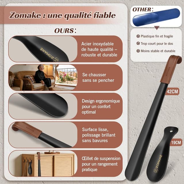 Detalle 2 de ZOMAKE Chausse-pied métal 42 cm — manche long en cuir