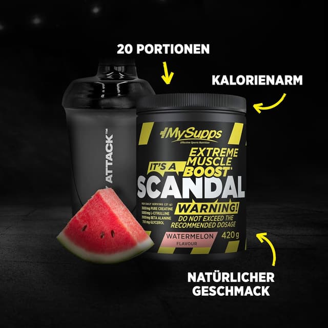 Detalle de My Supps Scandal Extreme Muscle Pre-Workout Booster (Wassermelone) – mit Kreatin, Citrullin, Beta-Alanin & Koffein – 20 Portionen