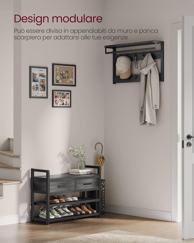 Detalle de VASAGLE HSR429B04 appendiabiti da ingresso mobile con 10 ganci rimovibili, 2 cassetti e panca scarpiera