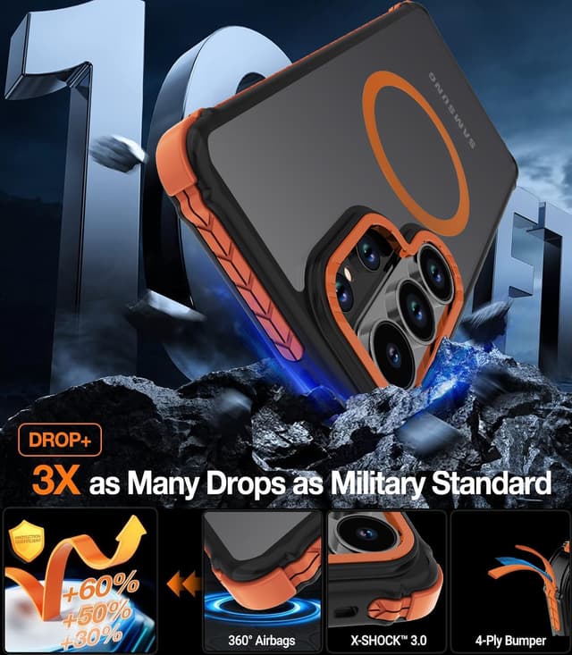 Detalle de DEERLAMN Strong Magnetic Case for Samsung Galaxy S26 Ultra (6.9-inch, 2025) — Frosted Orange MagSafe-Compatible Drop Protection