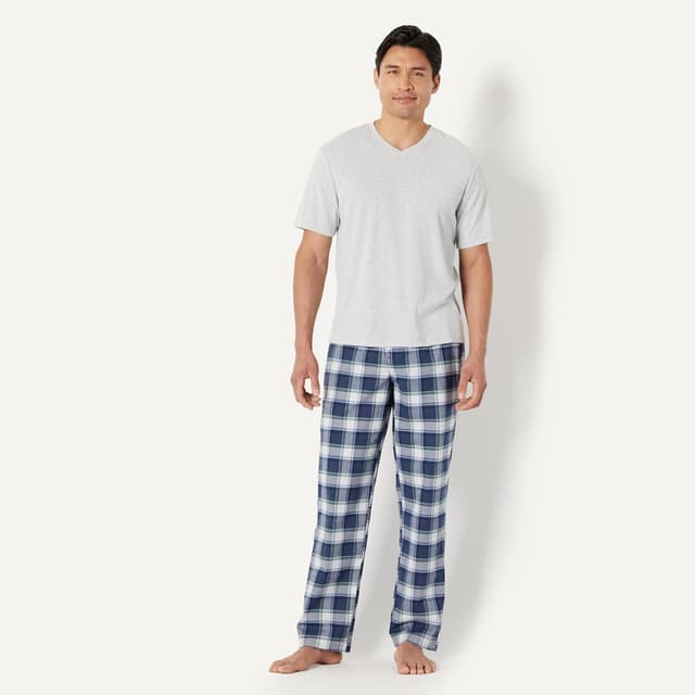 Detalle de Amazon Essentials Herren Pyjama-Set aus Baumwoll-Stretch-Popeline mit T-Shirt aus Baumwoll-Jersey