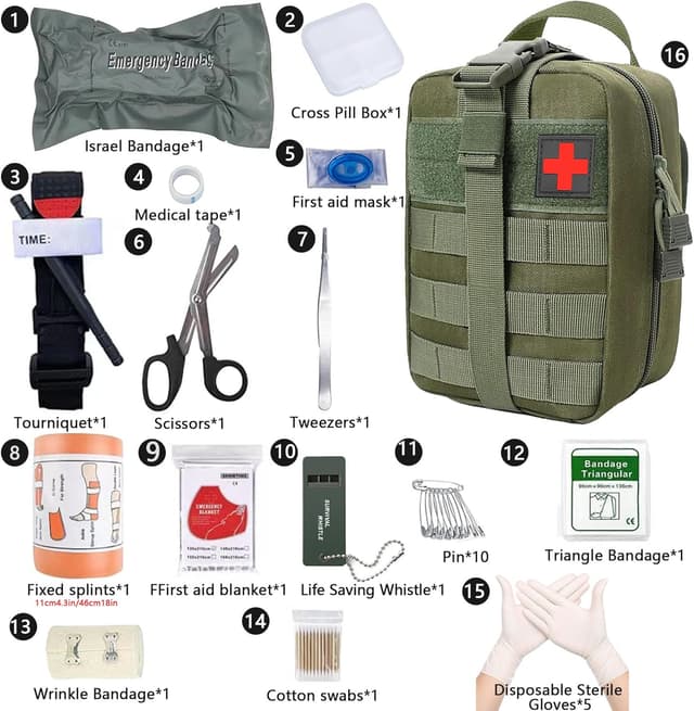 Detalle de Erste Hilfe Set mit taktischer Tasche (Trauma Kit) – 17-in-1 Survival Kit für Camping, Jagd, Wandern, Auto & Zuhause