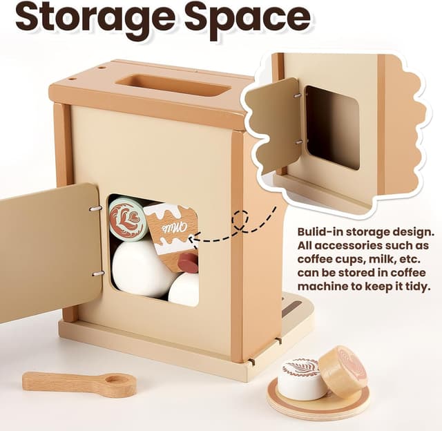 Detalle 2 de BUYGER Kids Wooden Coffee Machine Toy – Pretend Coffee Playset for Ages 3–5