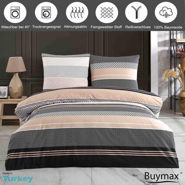 Detalle 2 de Buymax Bettwäsche 200x200 cm aus 100% Baumwolle, 3-teilig (Bettbezug + 2 Kissenbezüge 80x80) mit Reißverschluss