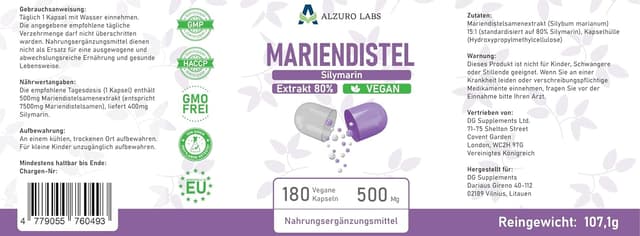 Detalle 2 de ALZURO LABS Chardon-Marie 80% silymarine (6 000 mg) – Extrait 15:1, 180 gélules végétales
