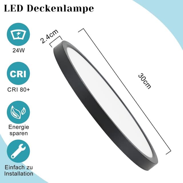 Detalle de ZMH Deckenlampe LED fürs Badezimmer, flach (Ø 30 cm), 24 W, 3000 K, IP44, schwarz