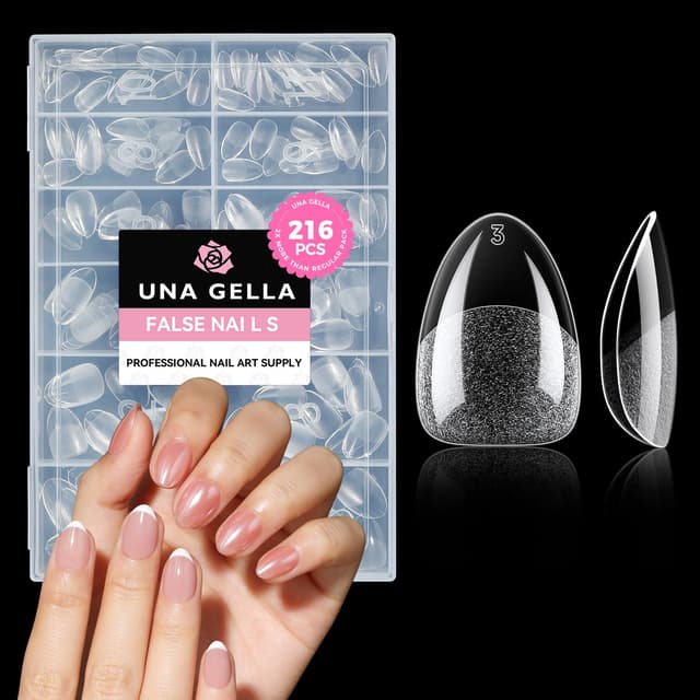 Detalle de UNA GELLA kurze Mandel Nageltips für Gelnägel – 216 Stück in 12 Größen (Soft Gel, Press-on Full Cover)