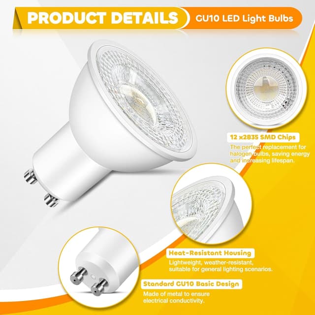 Detalle de Morotty GU10 LED spotlight bulbs 5W (500lm) 4000K neutral white, 60° beam, non-dimmable – pack of 10