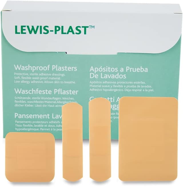 Detalle de Lewis-Plast Premium Assorted Washproof Sterile Hypoallergenic Plasters, Box of 100 (Waterproof-style first aid)