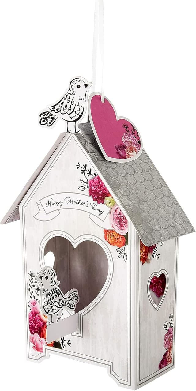 Detalle de Hallmark Mother’s Day Card for Mum – 3D & Pop-Up Birdhouse Design with Floral Patterns (White & Pink)