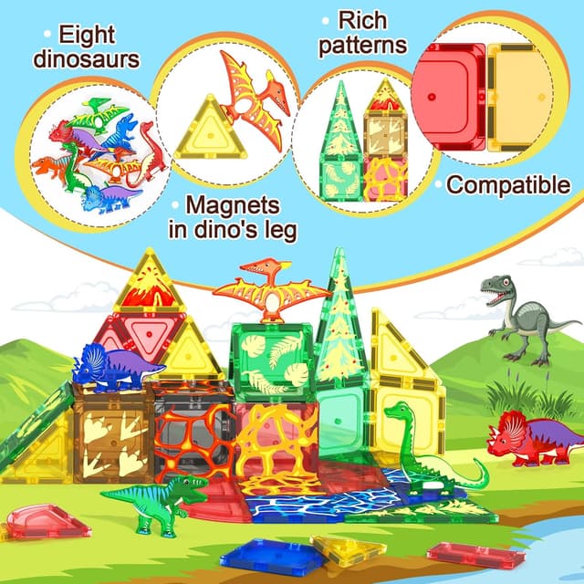 Detalle de 102PCS Dinosaur Magnetic Tiles Set with 8 Dinosaurs 🧩